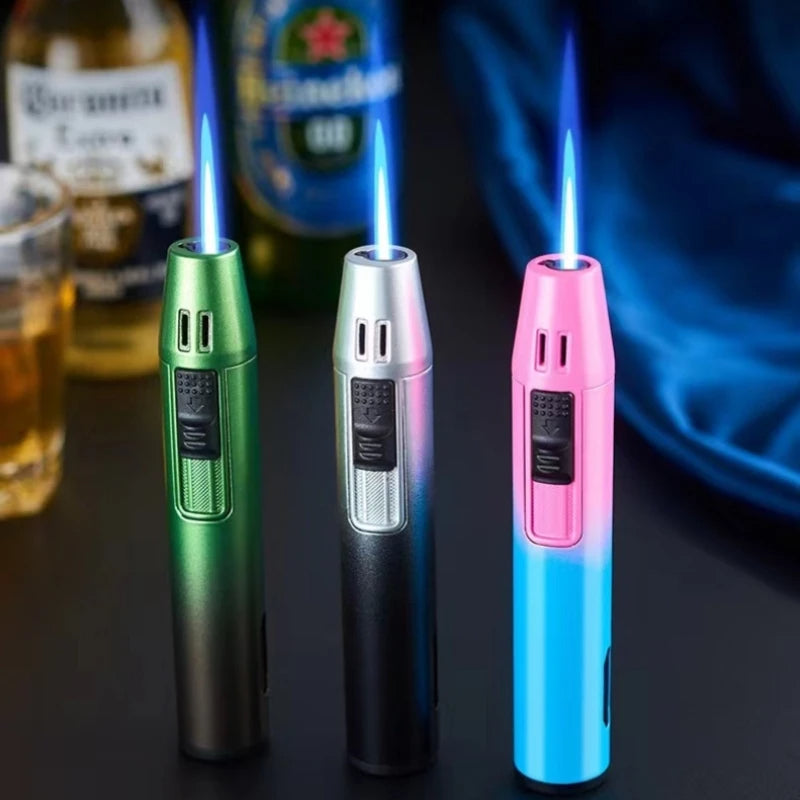 Pen Metal Lighter Mini Spray Gun Inflatable Windproof Butane Gas Lighter Adjustable Straight Shot Blue Flame Cigarette Tools