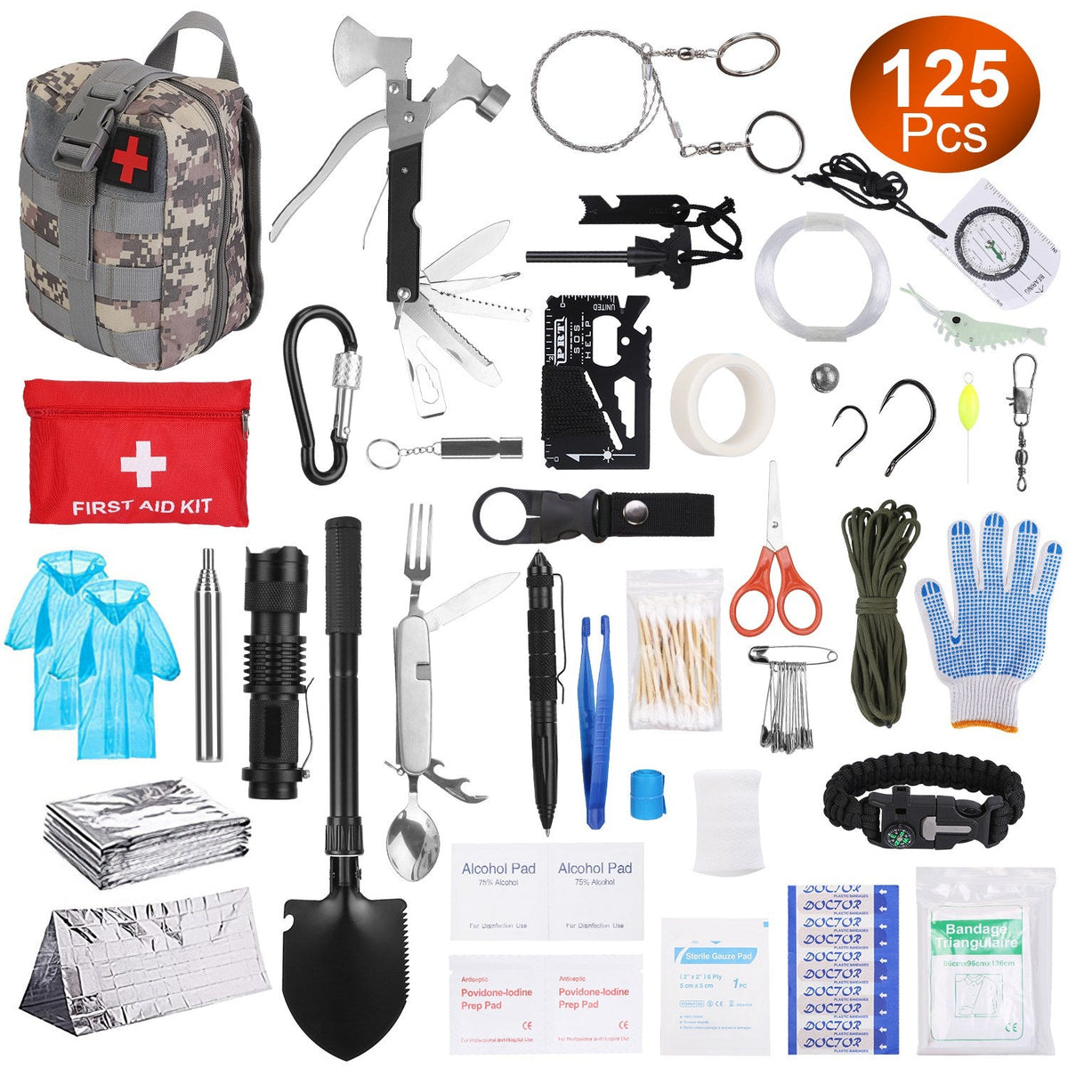 125Pcs Survival Kits Professional Emergency Survival Gear Tactical First Aid Kit Supplies for Outdoor Adventure Camping Hiking Hunting